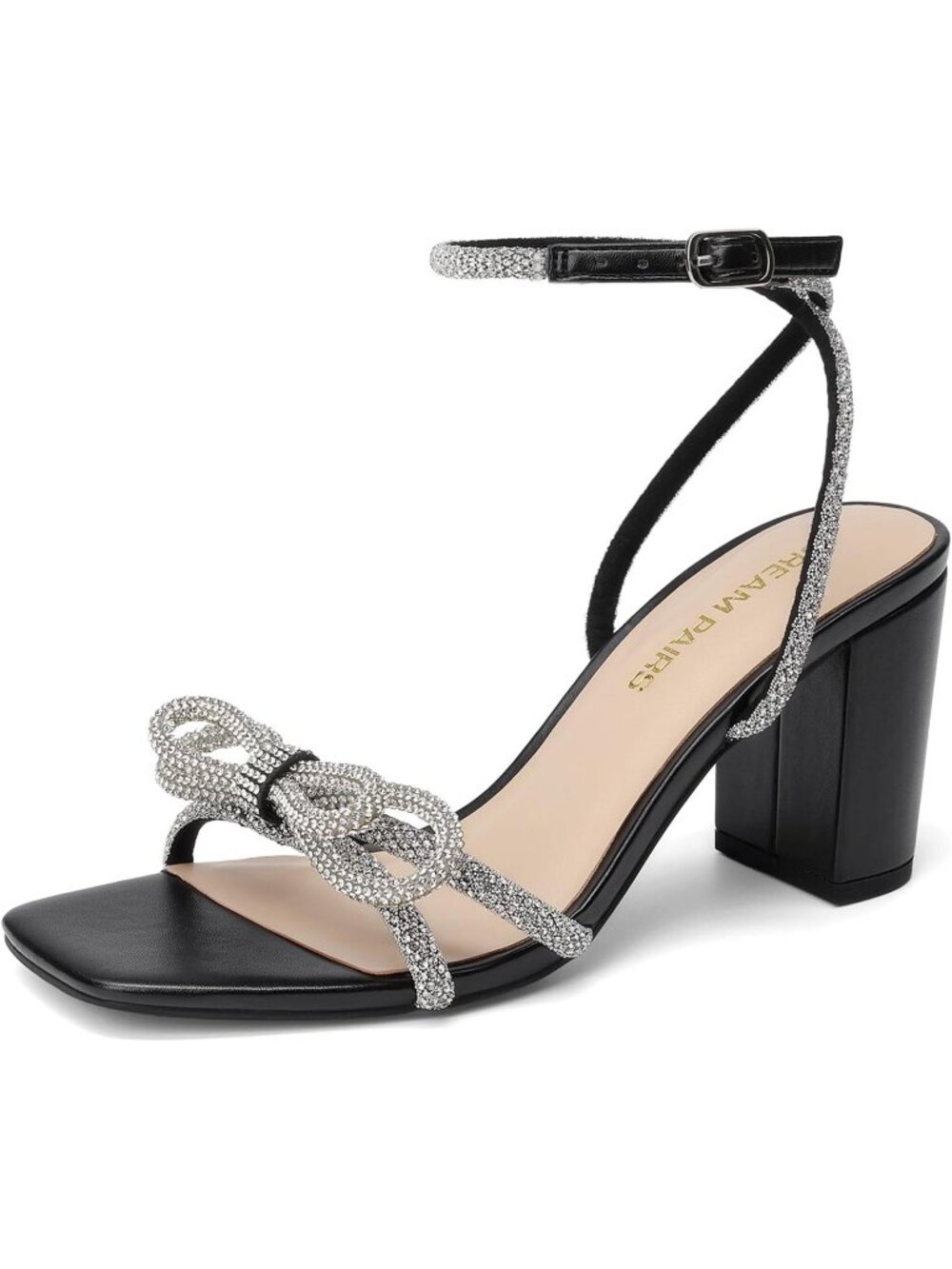 Women's Black Bow Knot Chunky Block Square Toe Slingback Heels Sandals